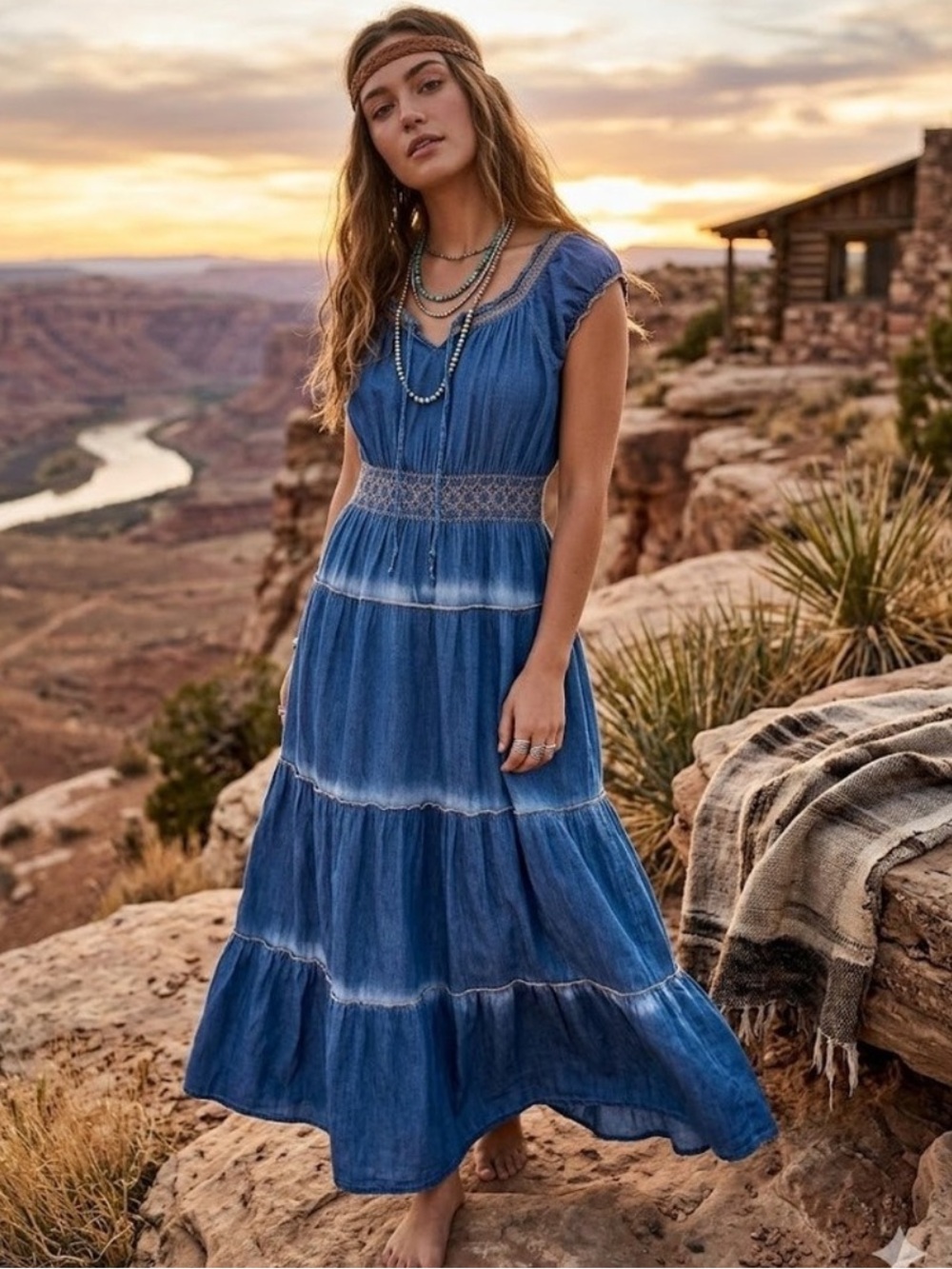 Lapis Boho 3 tiered Maxi Dress Smocked Waist Embroidered 2X
Boho Gypsy Festival